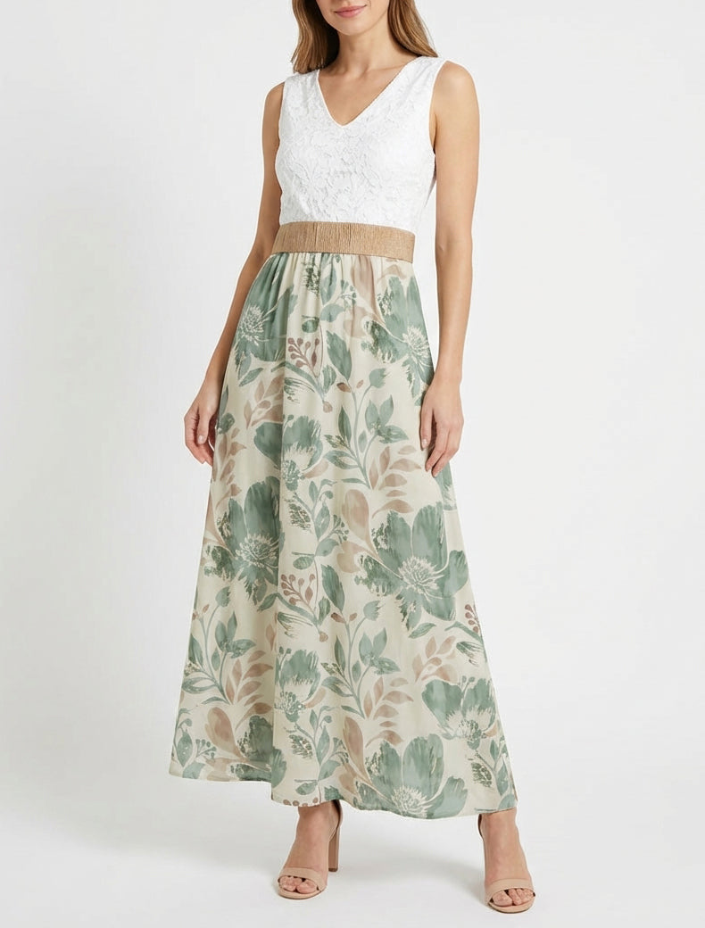 Langes Kleid mit Spitze und Blumenmuster - Hellkhaki