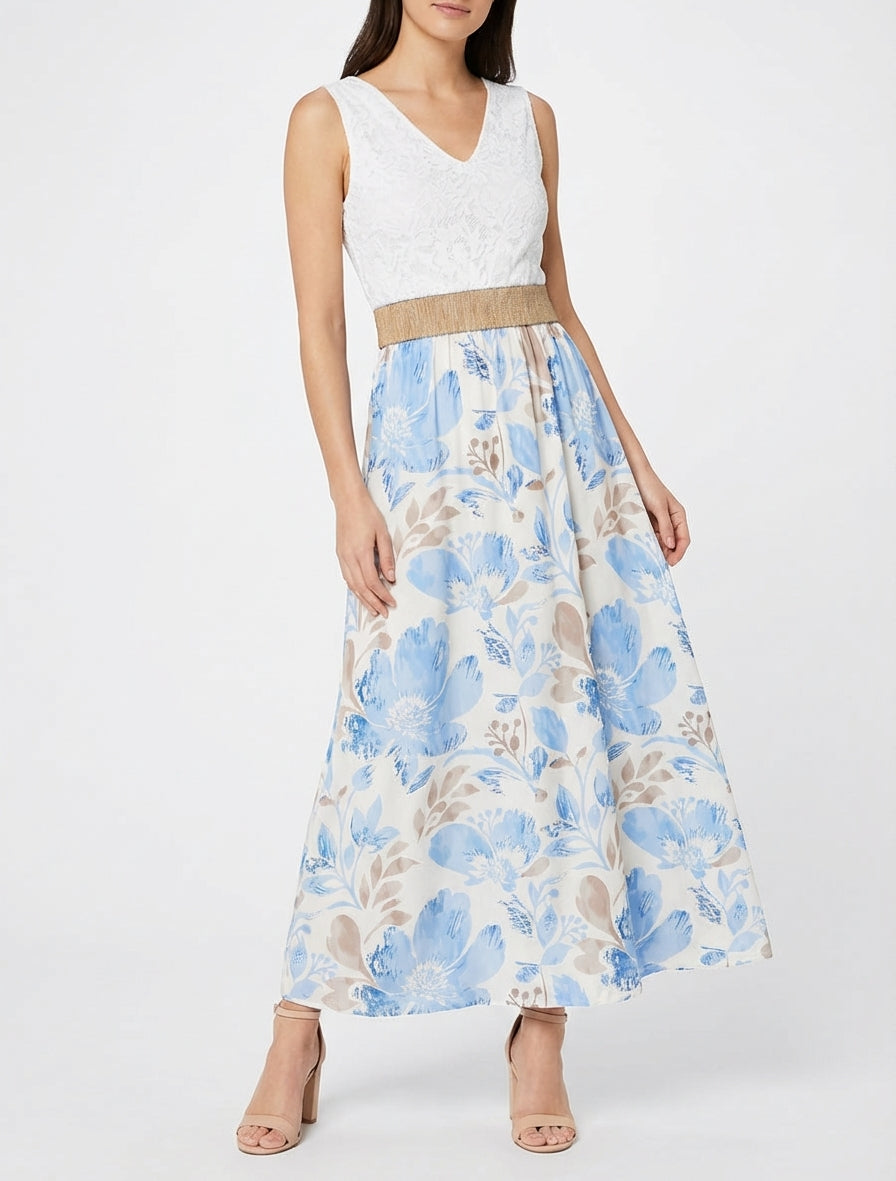 Langes Kleid mit Spitze und Blumenmuster - Himmelblau