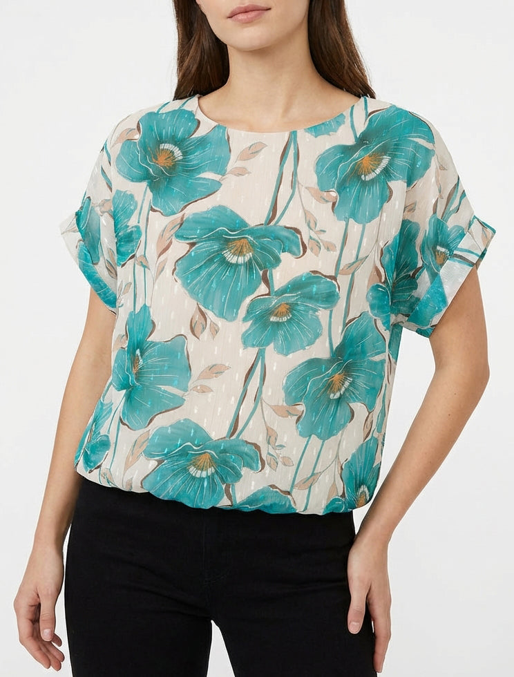 Kurzarm-Top mit Blumenmuster - Türkis