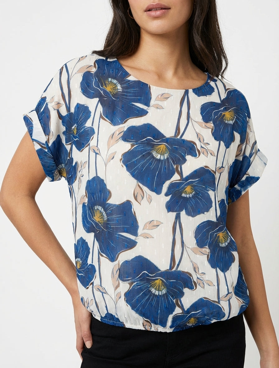 Kurzarm-Top mit Blumenmuster - Marine