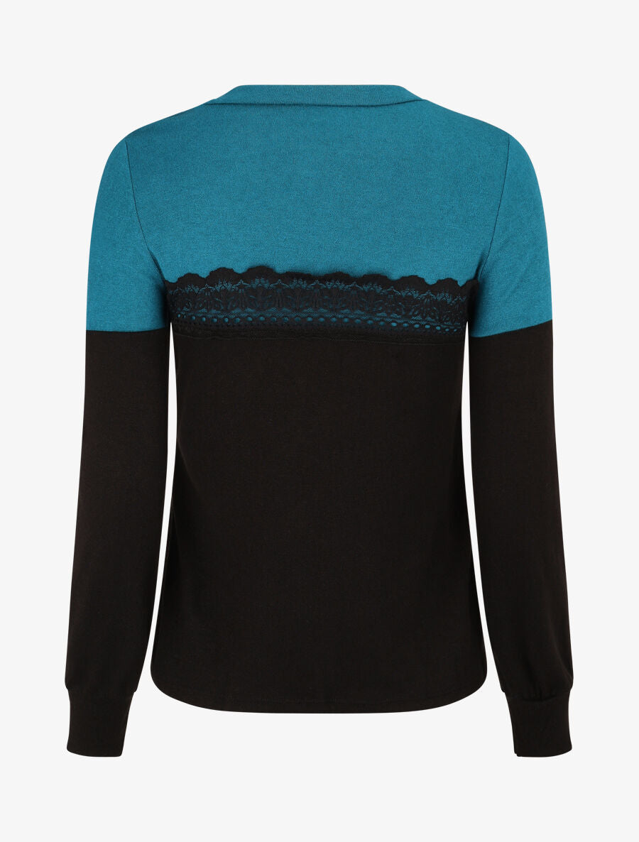 Pull fin et bande en dentelle - Bleu canard - 2