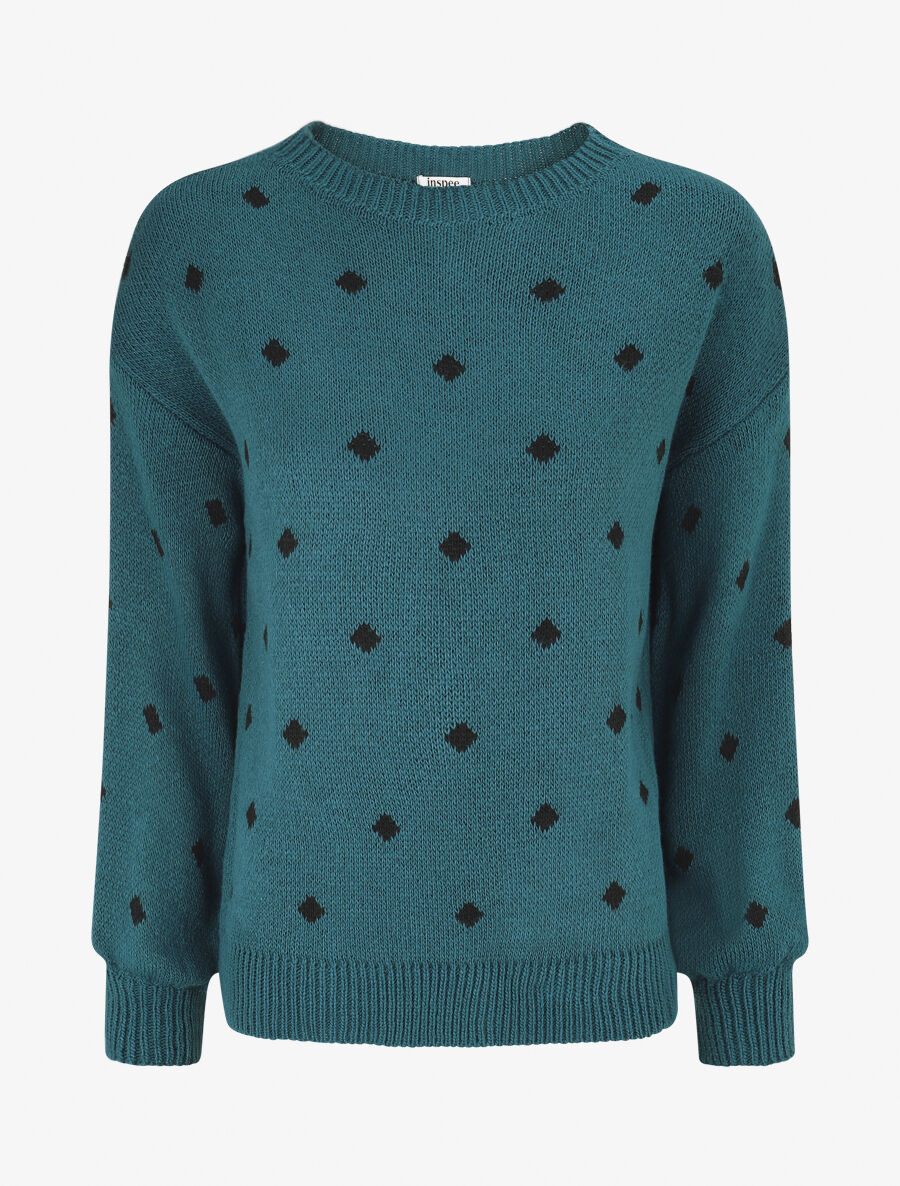 Pull en maille à pois - Bleu pétrole - 1