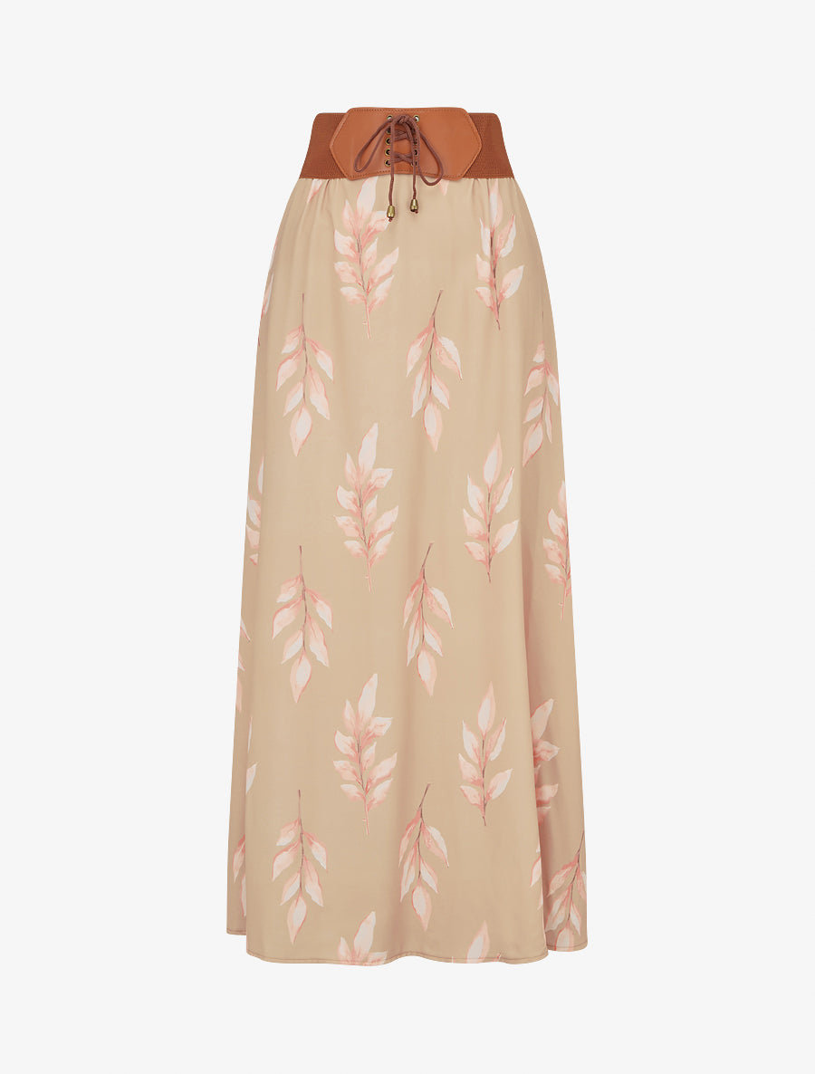 Jupe longue imprimé feuilles - Camel - 1
