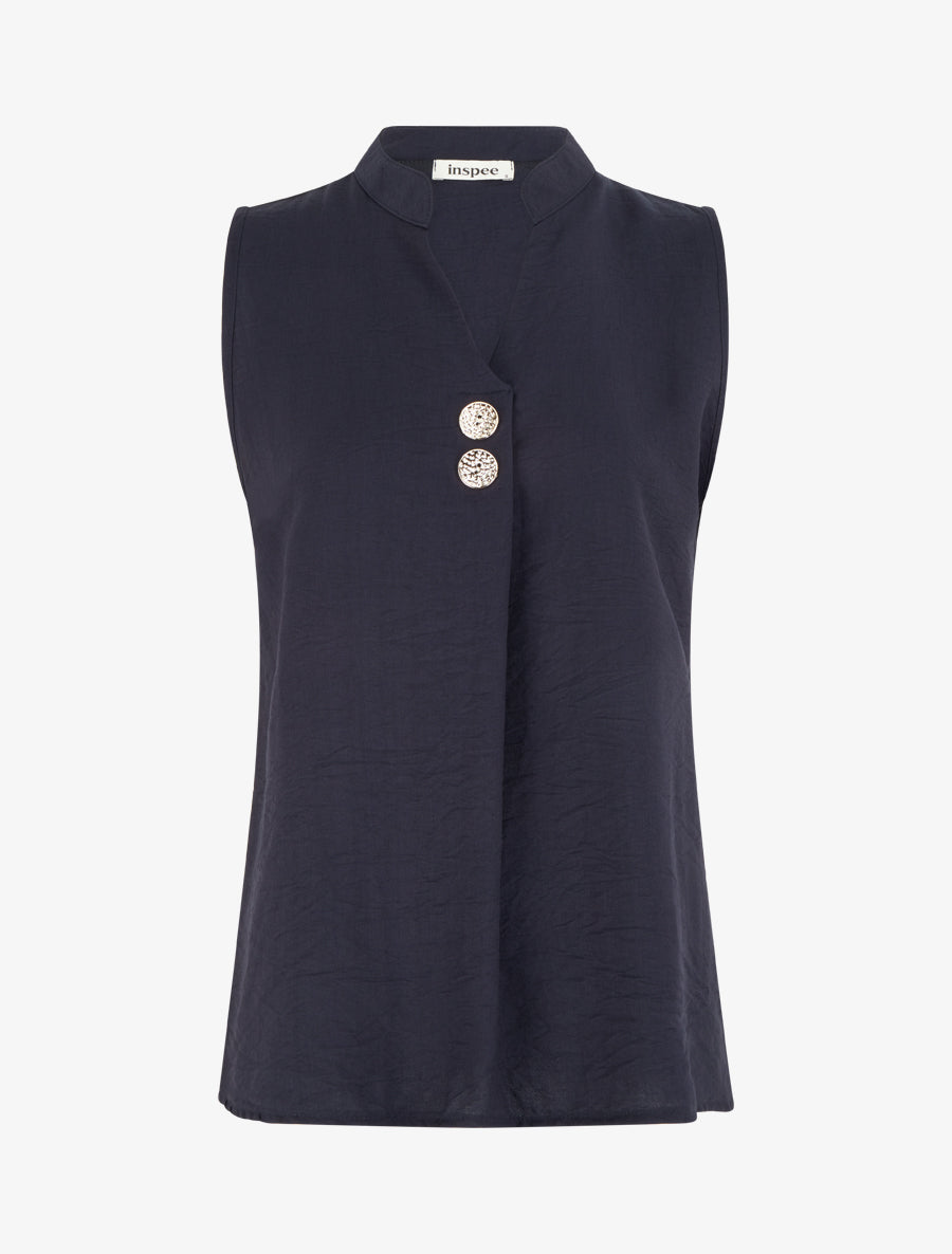 Top droit sans manches à boutons décoratifs - Marine - 1