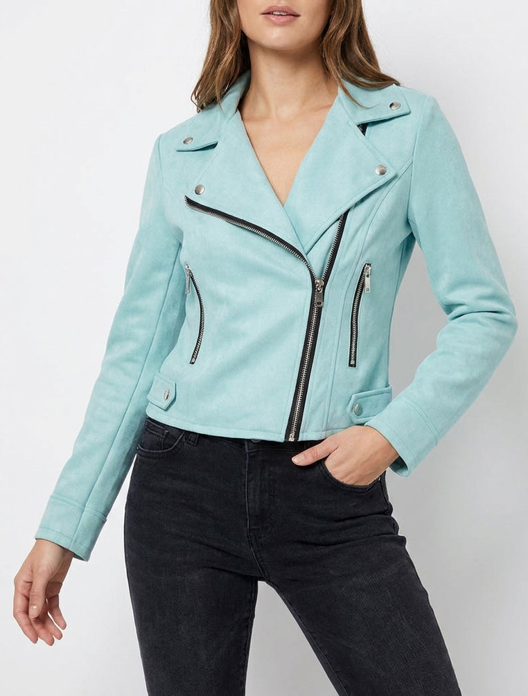 Jacke im Wildleder-Look im Bikerstil - Türkis