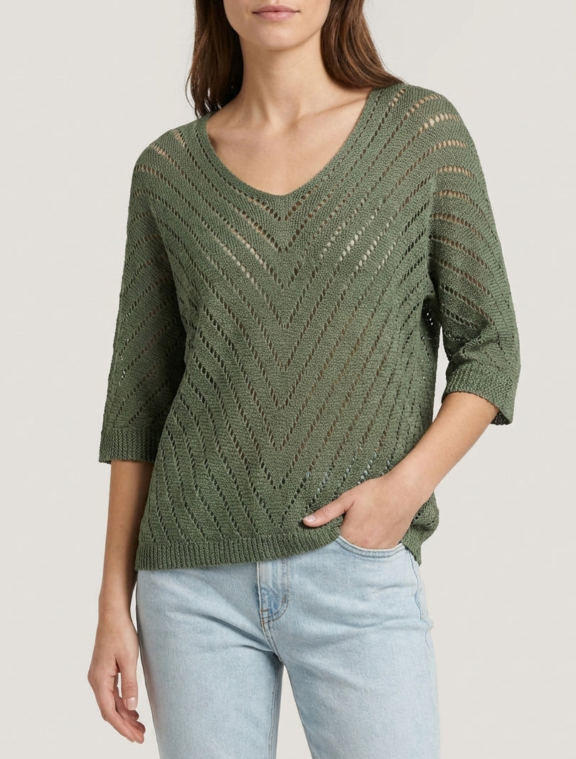 Leichter Strickpullover mit V-Ausschnitt - Kaki