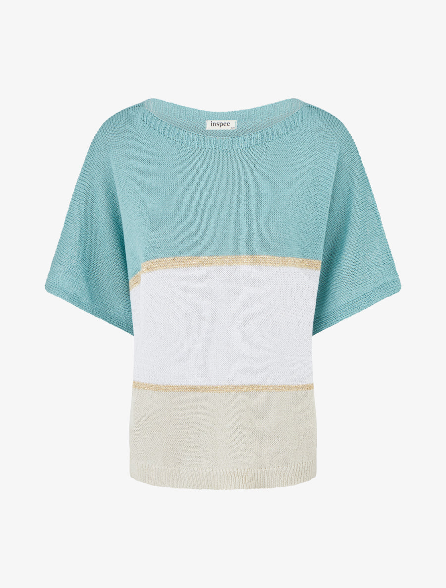 Pull rayé fin à manches courtes - Turquoise - 1