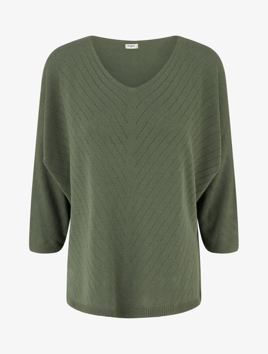 Pull fin uni à lignes ajourées - Kaki - 1