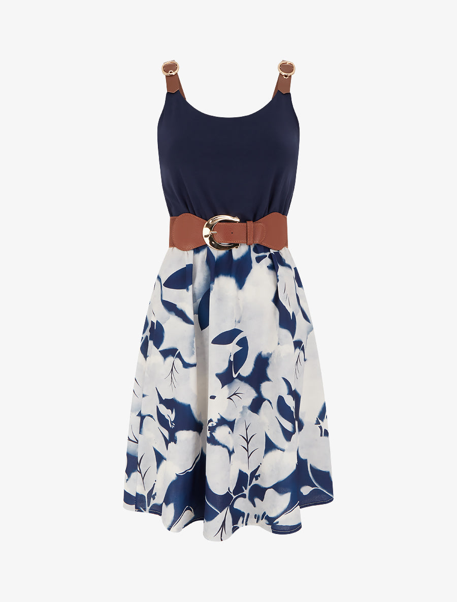 Robe mi-longue à bretelles en simili - Marine - 1