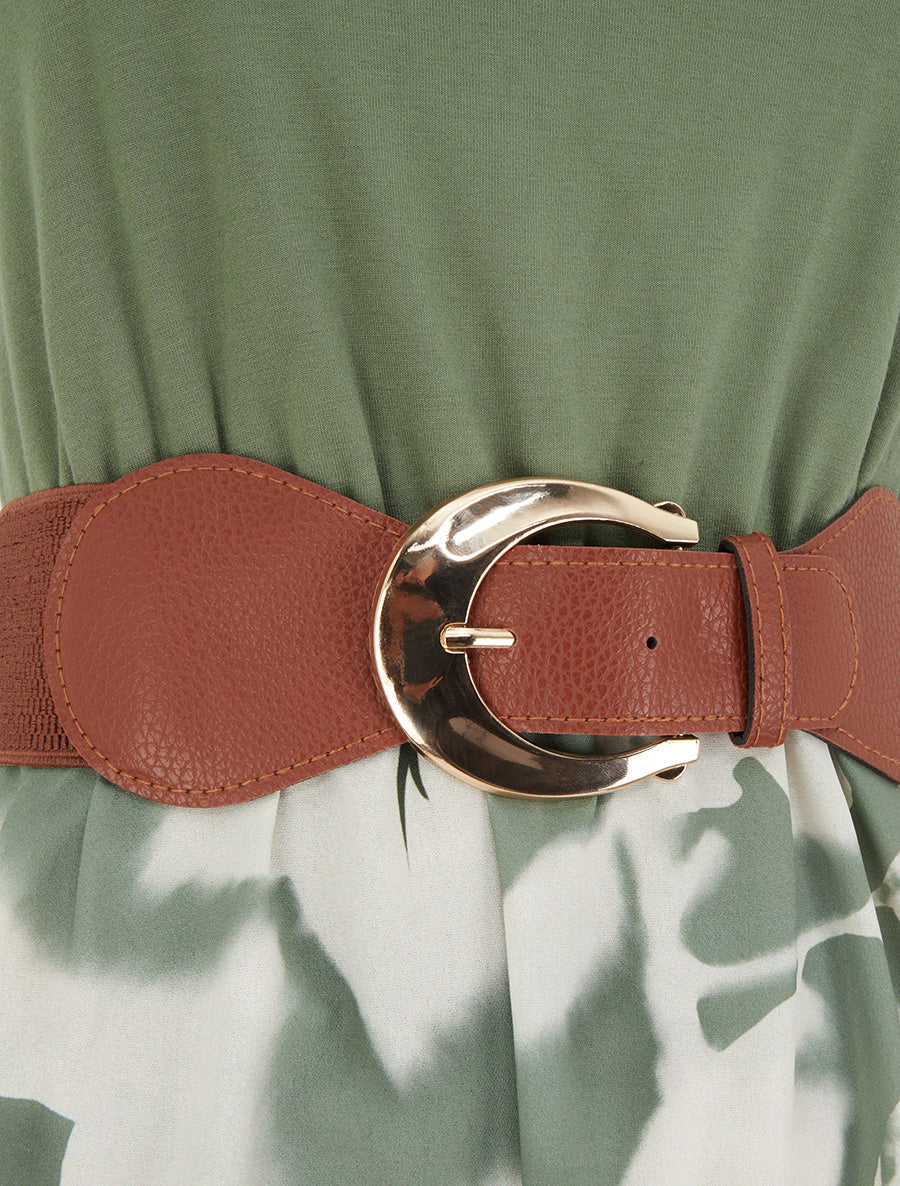 Robe mi-longue à bretelles en simili - Kaki - 3