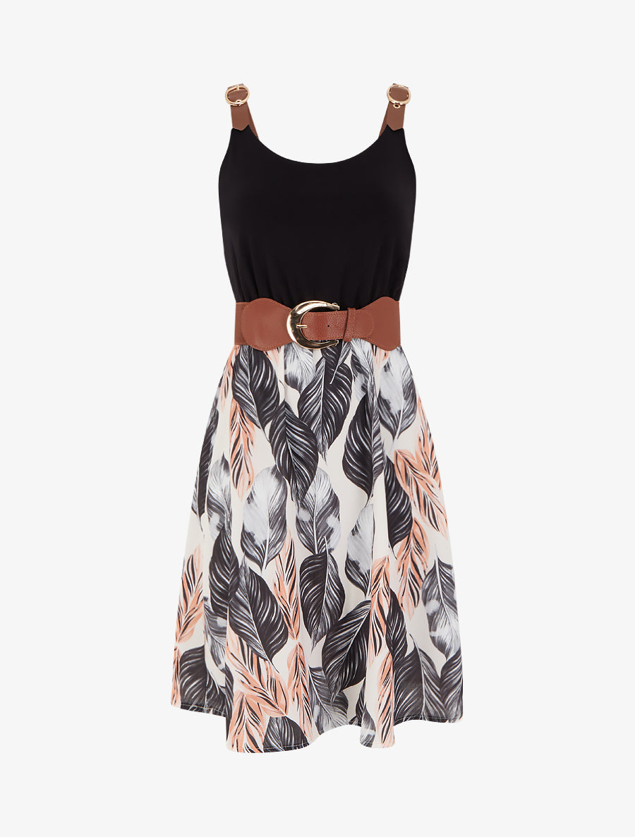 Robe mi-longue imprimée à bretelles en simili - Noir - 1