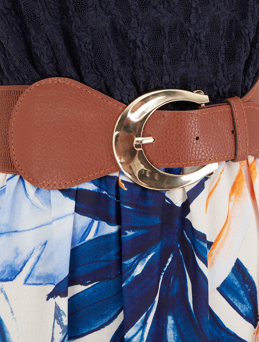 Robe longue à imprimé tropical et bretelles simili - Marine - 3