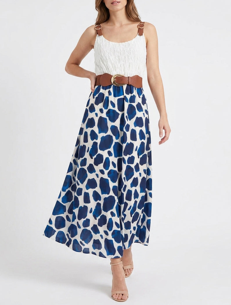 Langes Kleid mit Giraffenmuster und Trägern in Lederoptik. - Marine