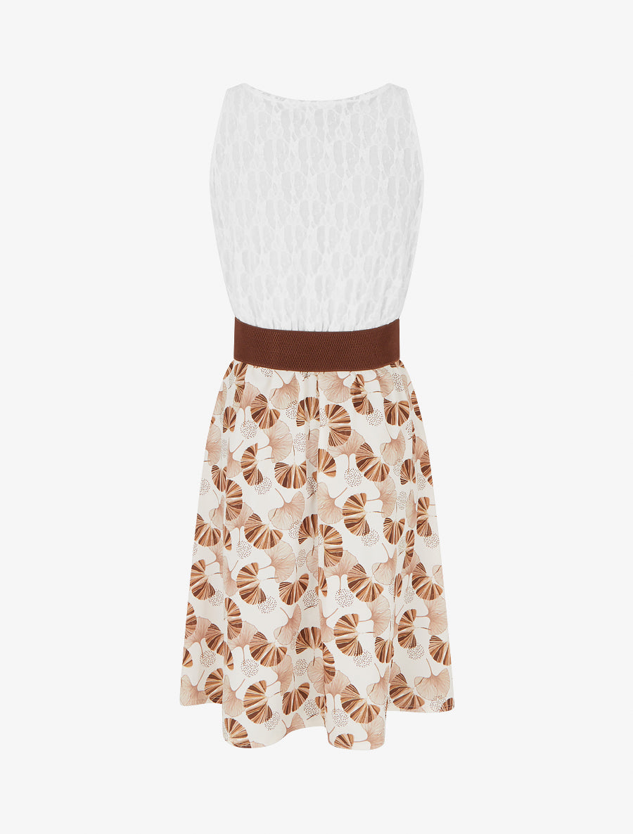 Robe mi-longue imprimé ginkgo et bretelles simili - Marron - 2