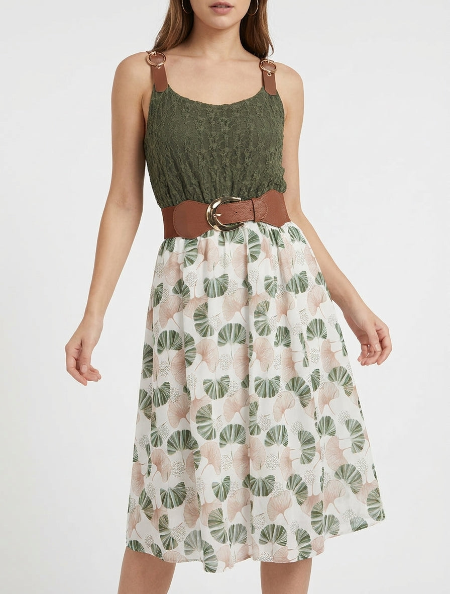 Midikleid mit Ginkgo-Print und Kunstlederträgern - Kaki
