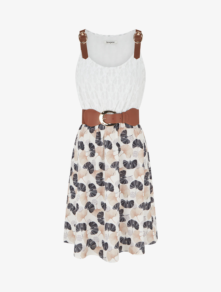 Robe mi-longue imprimé ginkgo et bretelles simili - Noir - 1