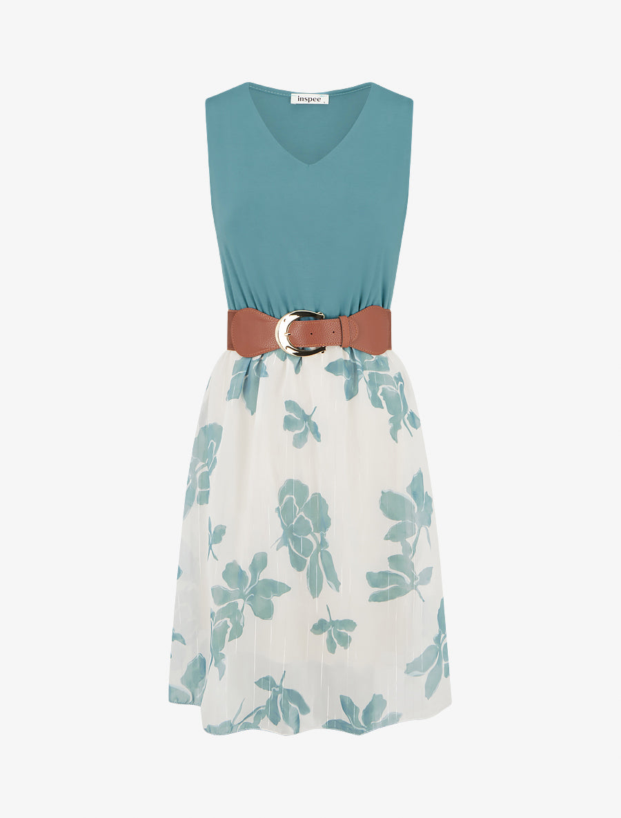 Robe coupe évasée imprimé floral - Bleu clair - 1