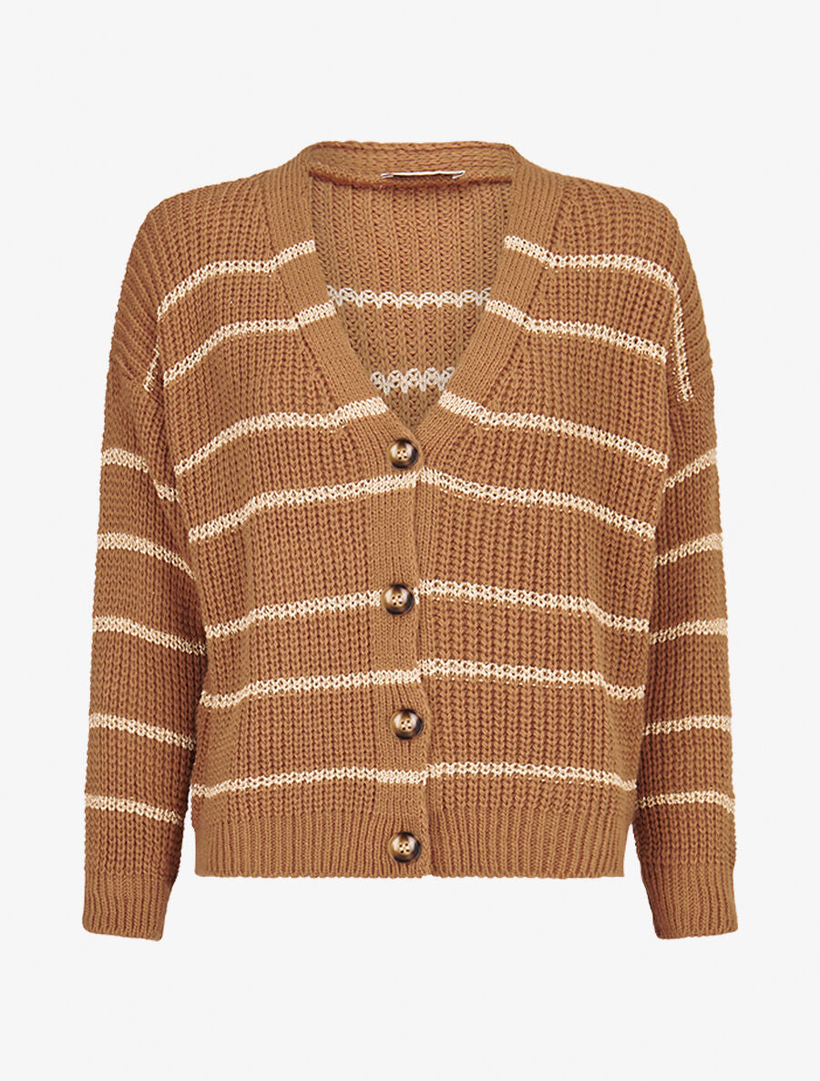 Cardigan col V à rayures lamées - Camel - 4