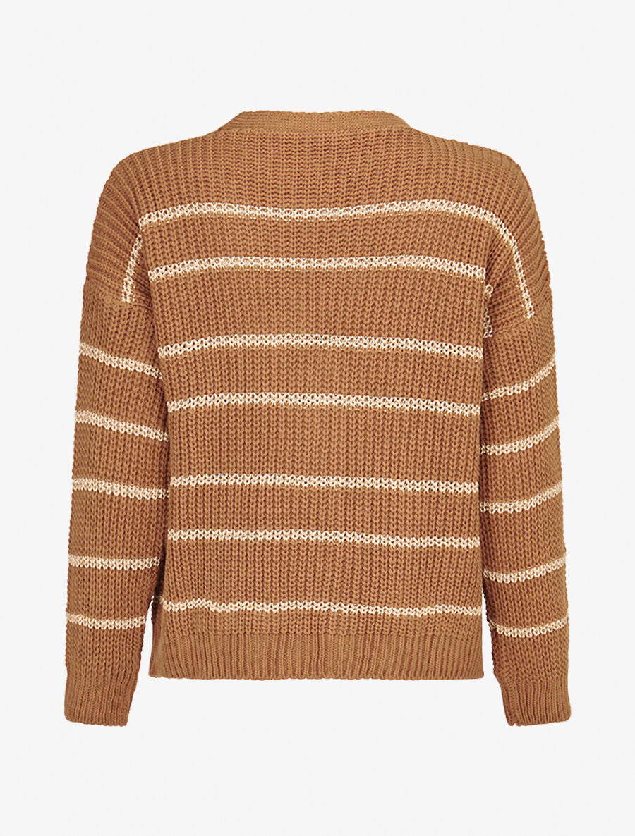 Cardigan col V à rayures lamées - Camel - 2