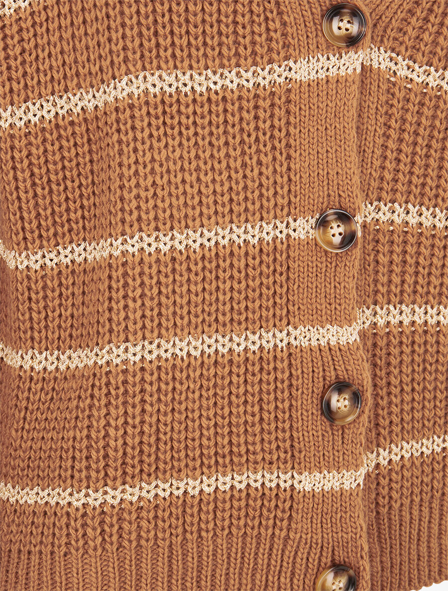 Cardigan col V à rayures lamées - Camel - 3