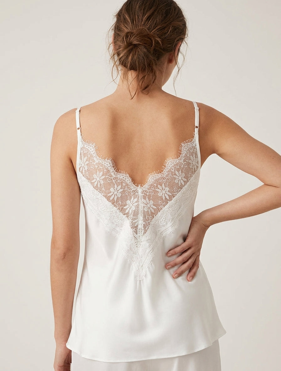 Satin-Camisole mit Spitzenrücken - Weiß