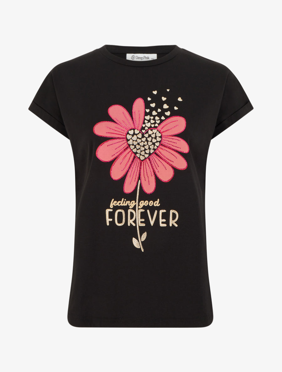 T-shirt à strass et flocage fleur - Noir - 1