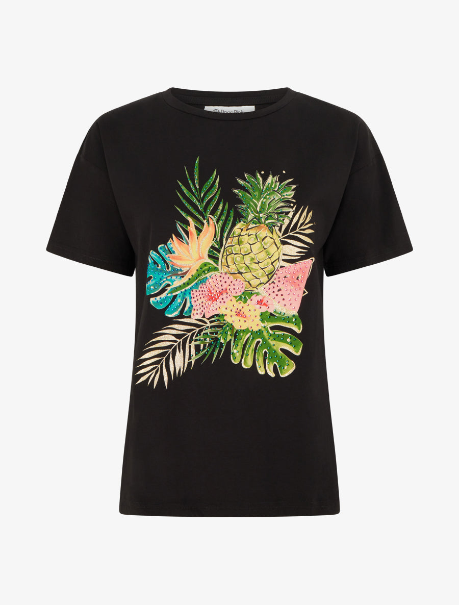 T-shirt imprimé fruits et strass - Noir - 1