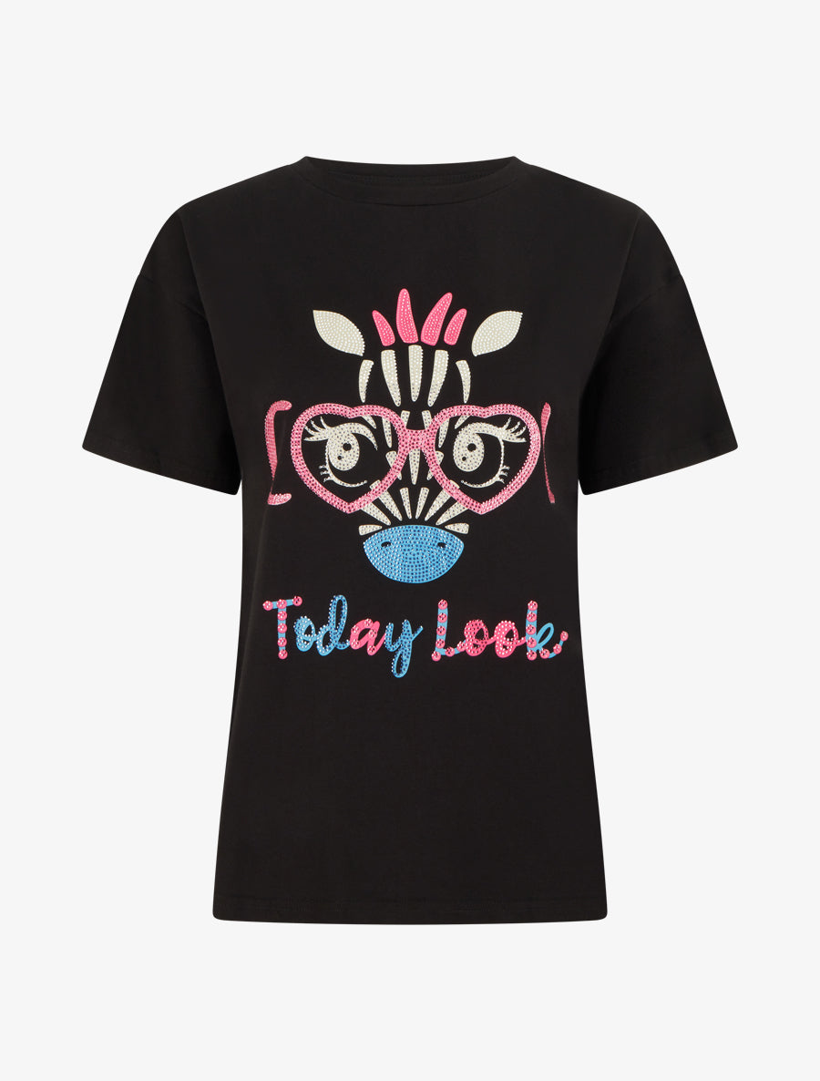 T-shirt imprimé girafe et strass - Noir - 1