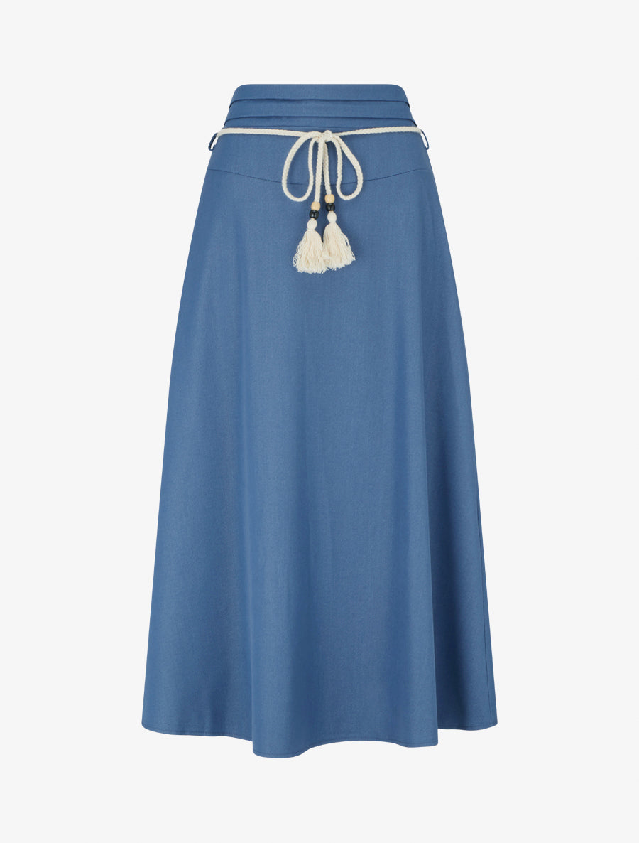 Jupe longue élastiquée à ceinture - Bleu denim - 1