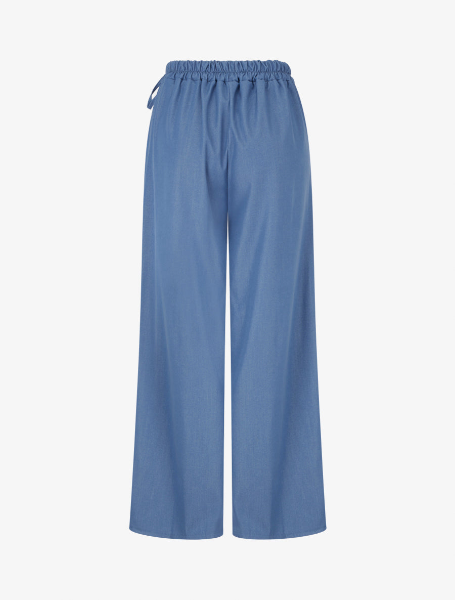 Pantalon fluide uni à liens à nouer - Bleu - 2