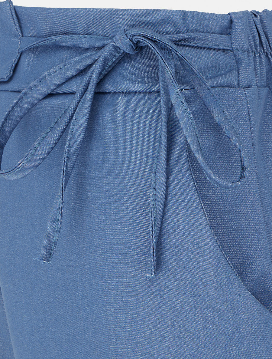 Pantalon fluide uni à liens à nouer - Bleu - 3