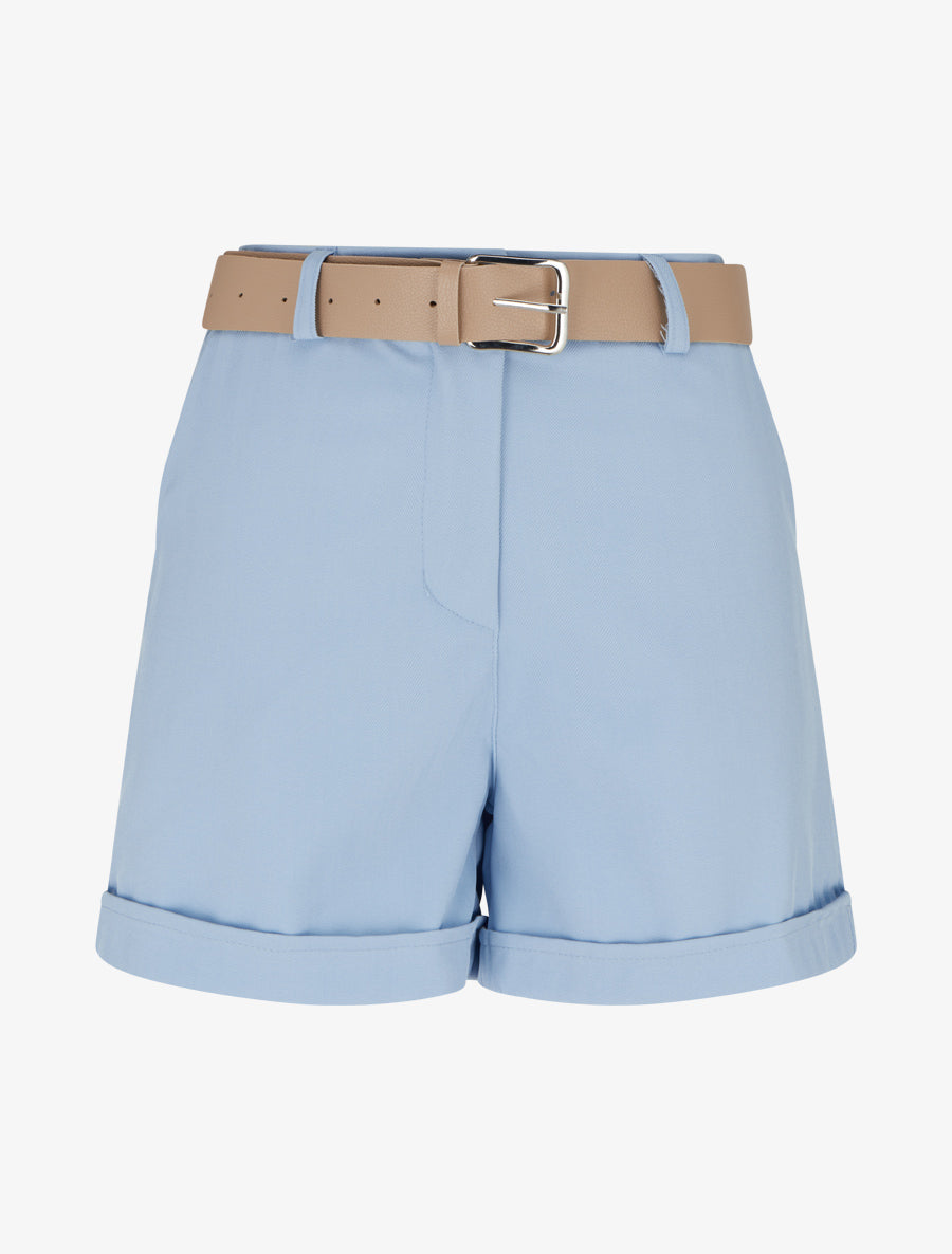Short ceinturé uni à ourlet - Bleu ciel - 1
