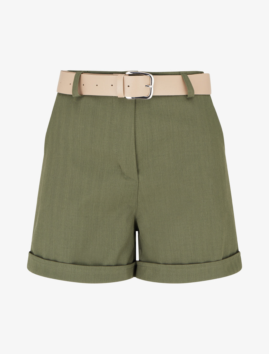 Short ceinturé uni à ourlet - Kaki - 1