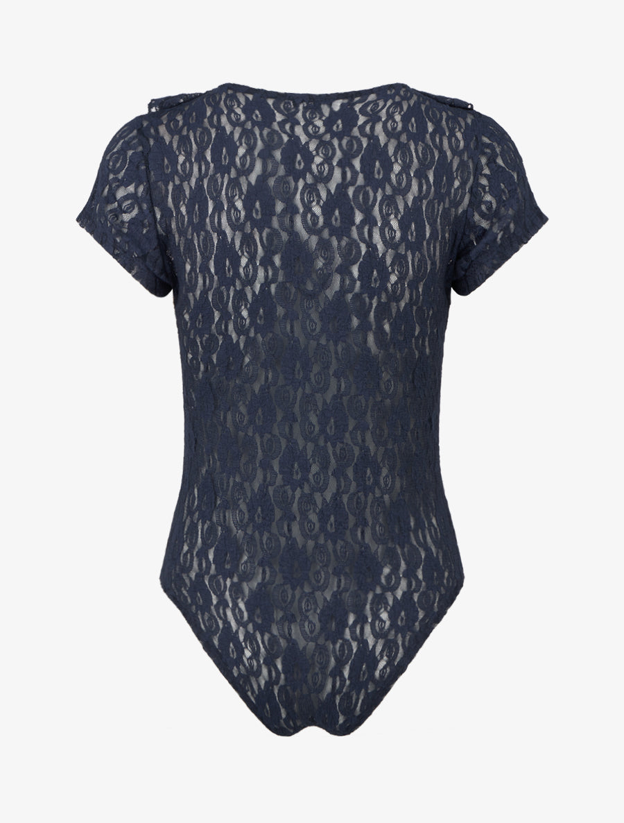 Body uni en dentelle à col volanté - Marine - 2