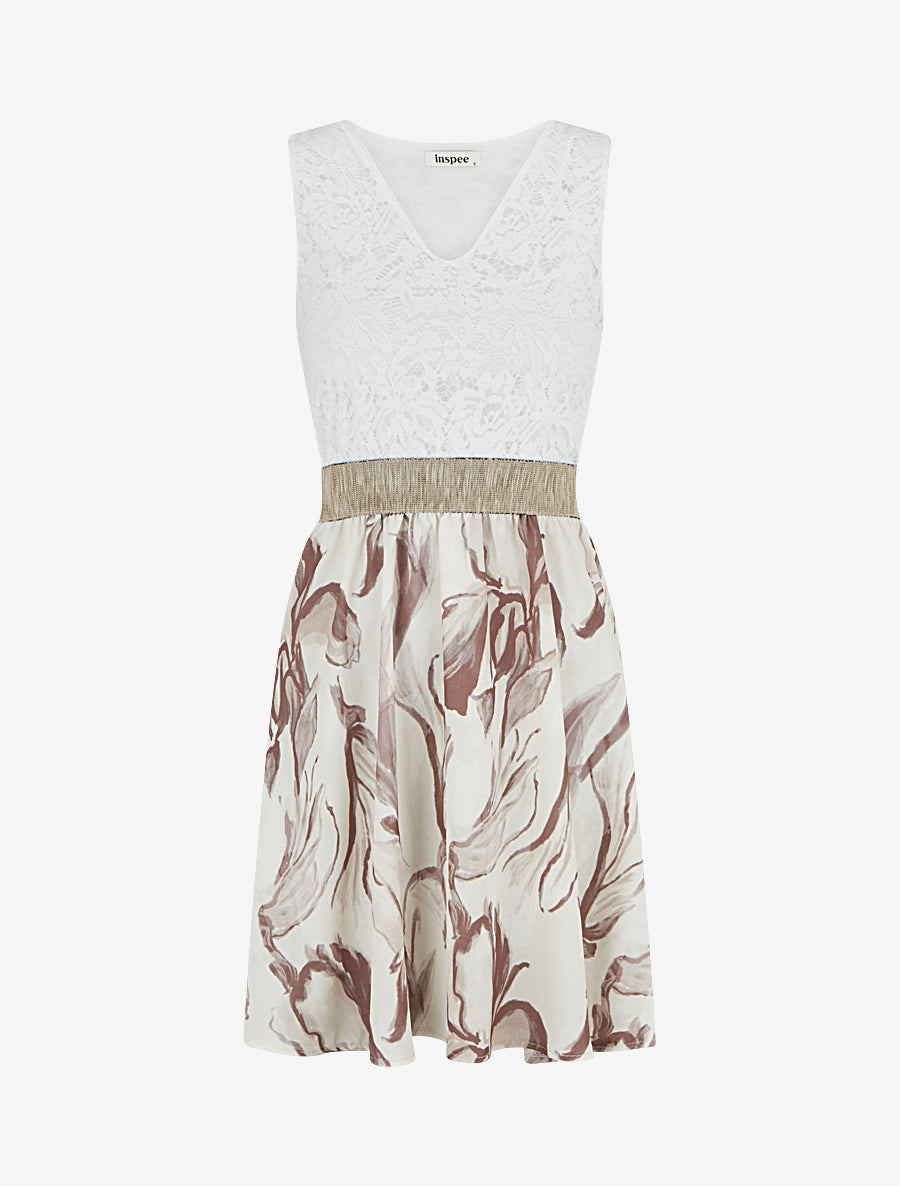Robe mi-longue à dentelle et imprimé fantaisie - Beige - 1