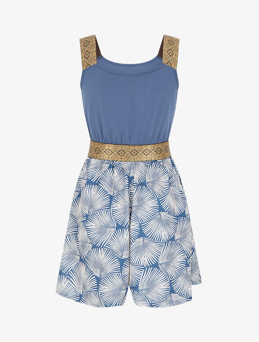 Combishort imprimé feuilles à bretelles fantaisies - Bleu - 2
