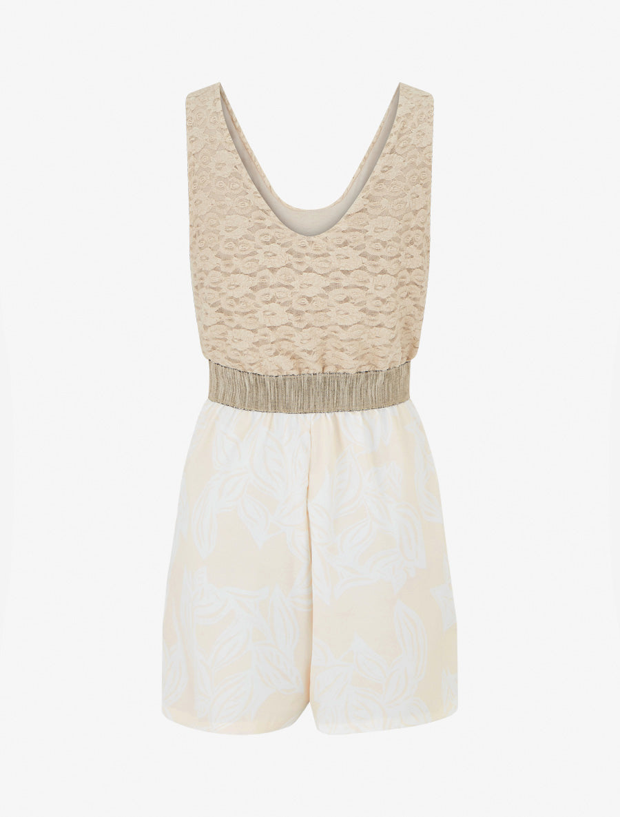 Combishort imprimé floral à buste en dentelle - Beige - 2