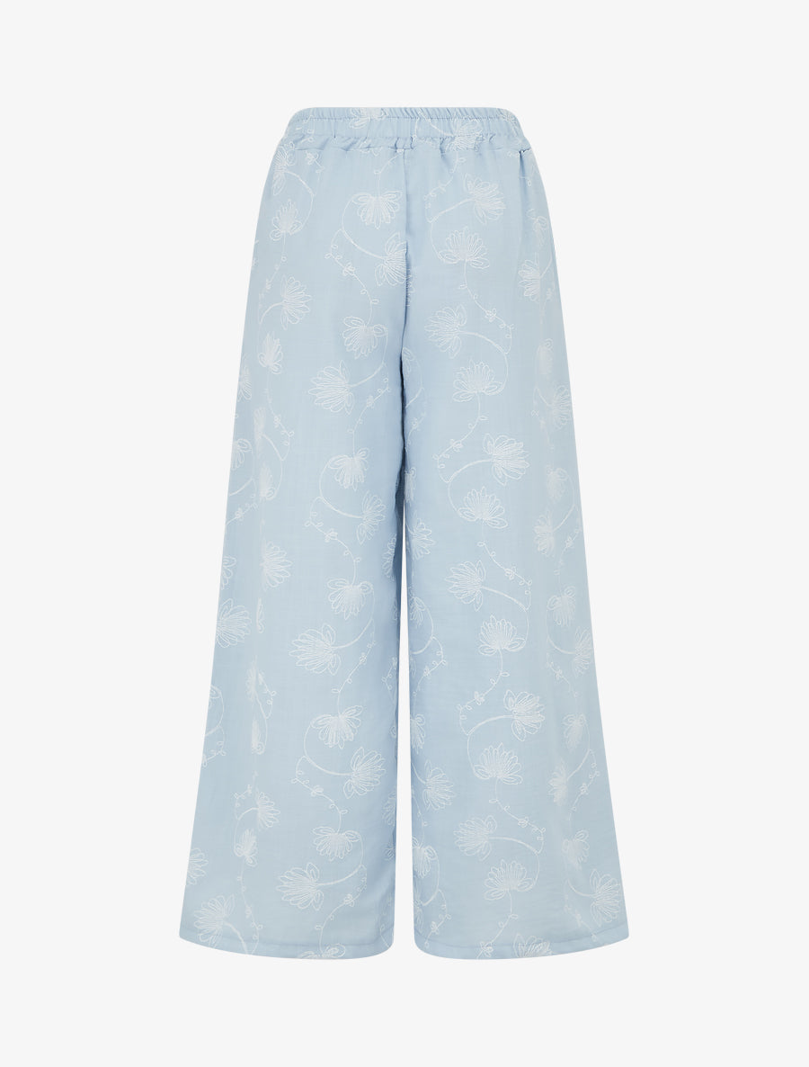 Pantalon en lin à broderie floral - Bleu ciel - 2