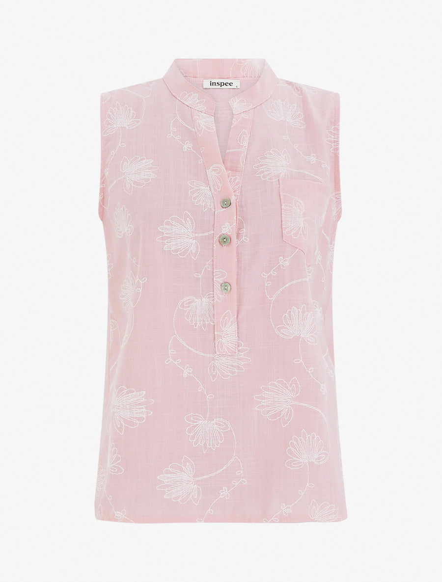 Top en lin boutonné à broderie floral - Rose - 1