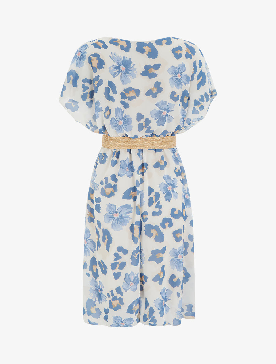 Robe mi-longue fleuri manches courtes - Bleu - 2