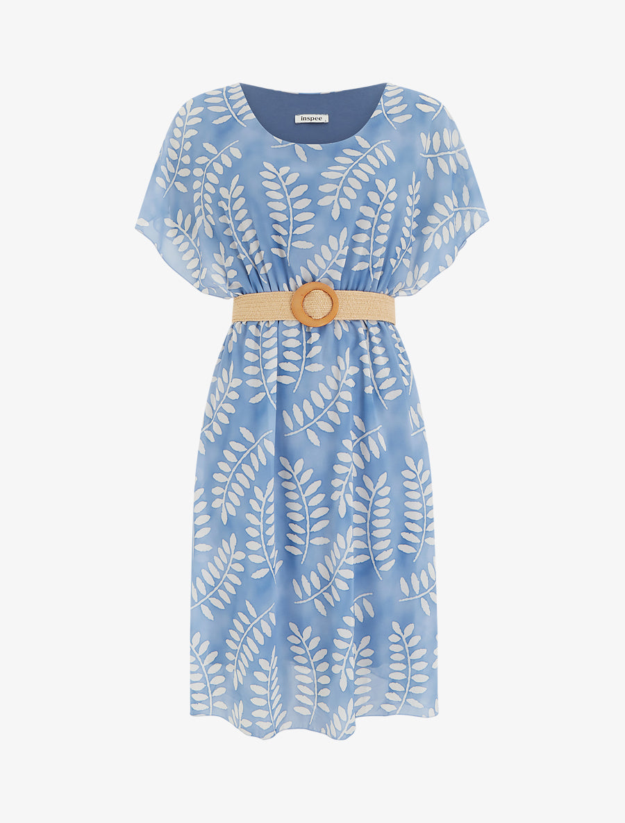 Robe mi-longue imprimé feuilles manches courtes - Bleu ciel - 1