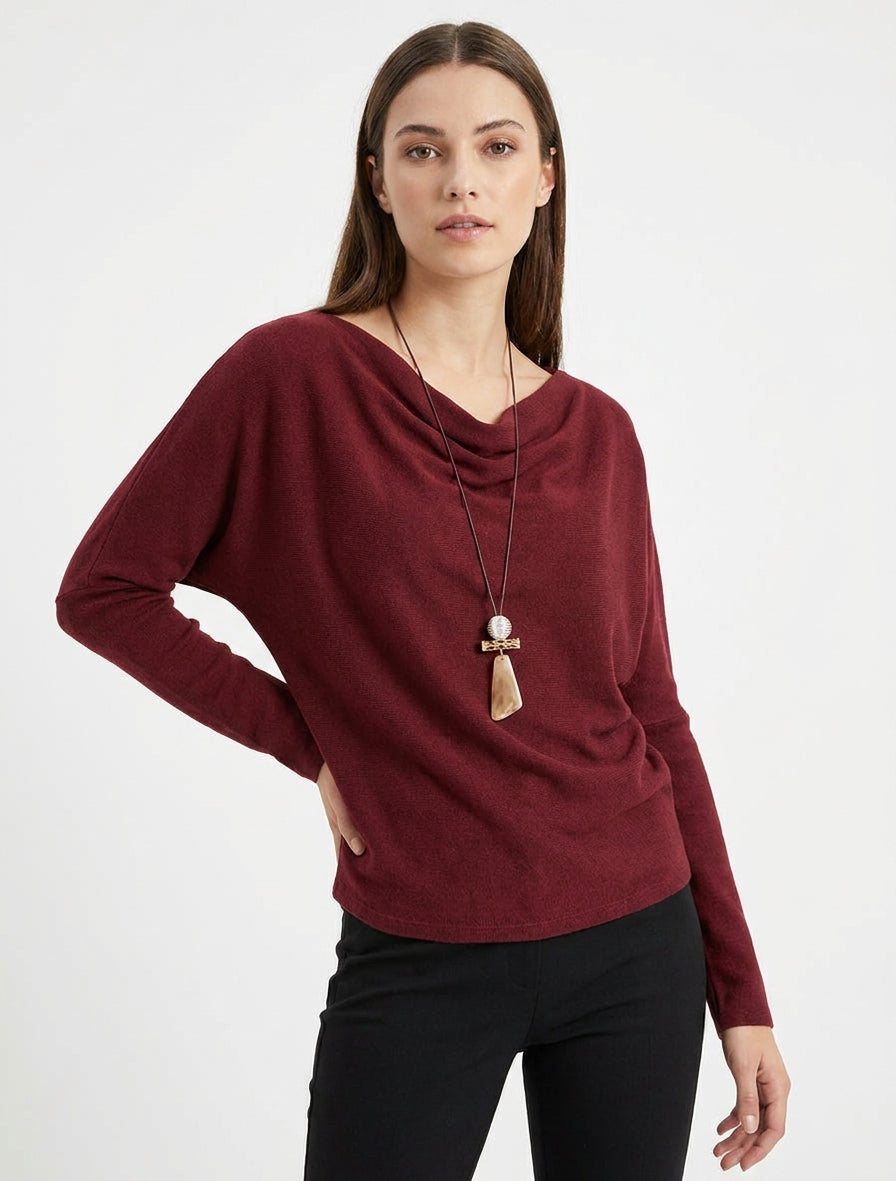 Feiner Pullover mit Fledermausärmeln und Wasserfallausschnitt - Bordeaux