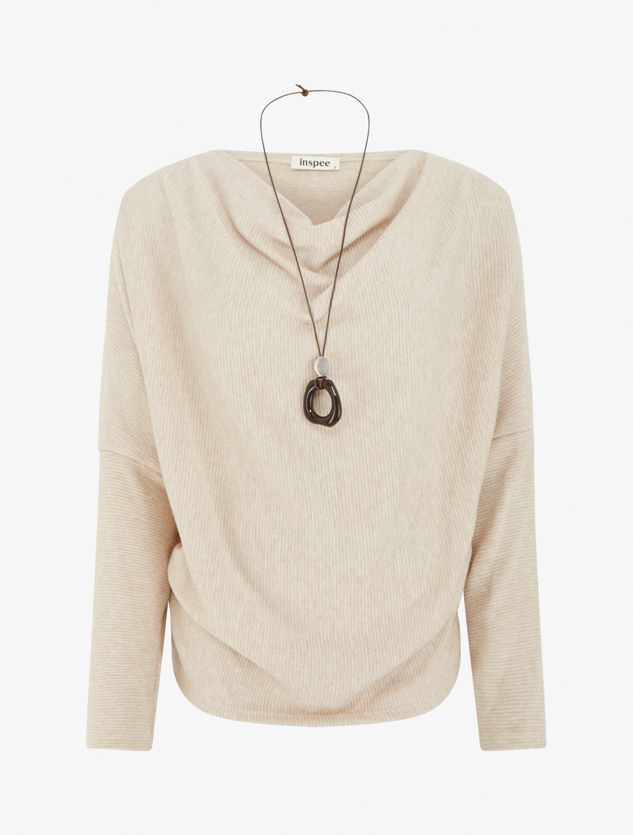 Gerippter Pullover mit Fledermausärmeln und Wasserfallausschnitt - Beige