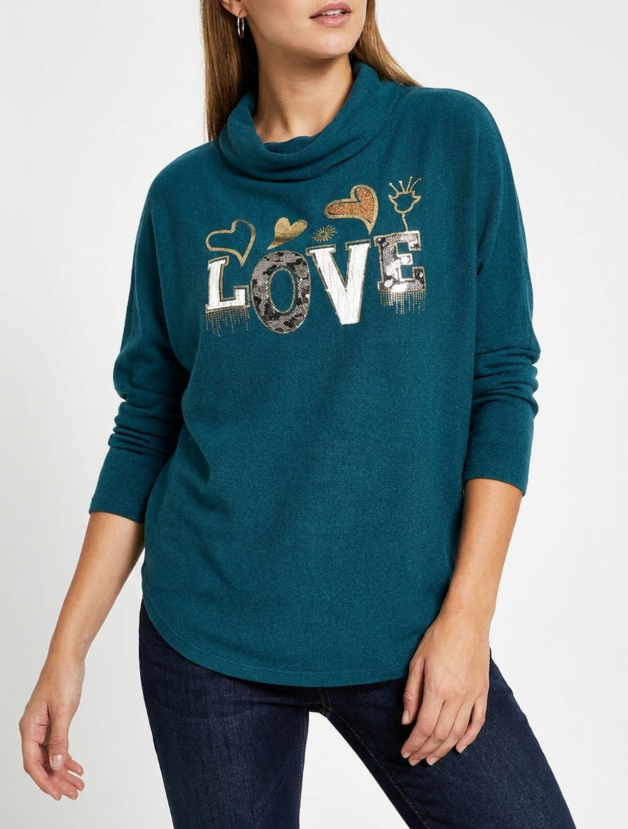 Pullover mit Wasserfallausschnitt und Aufschrift LOVE - Entenblau