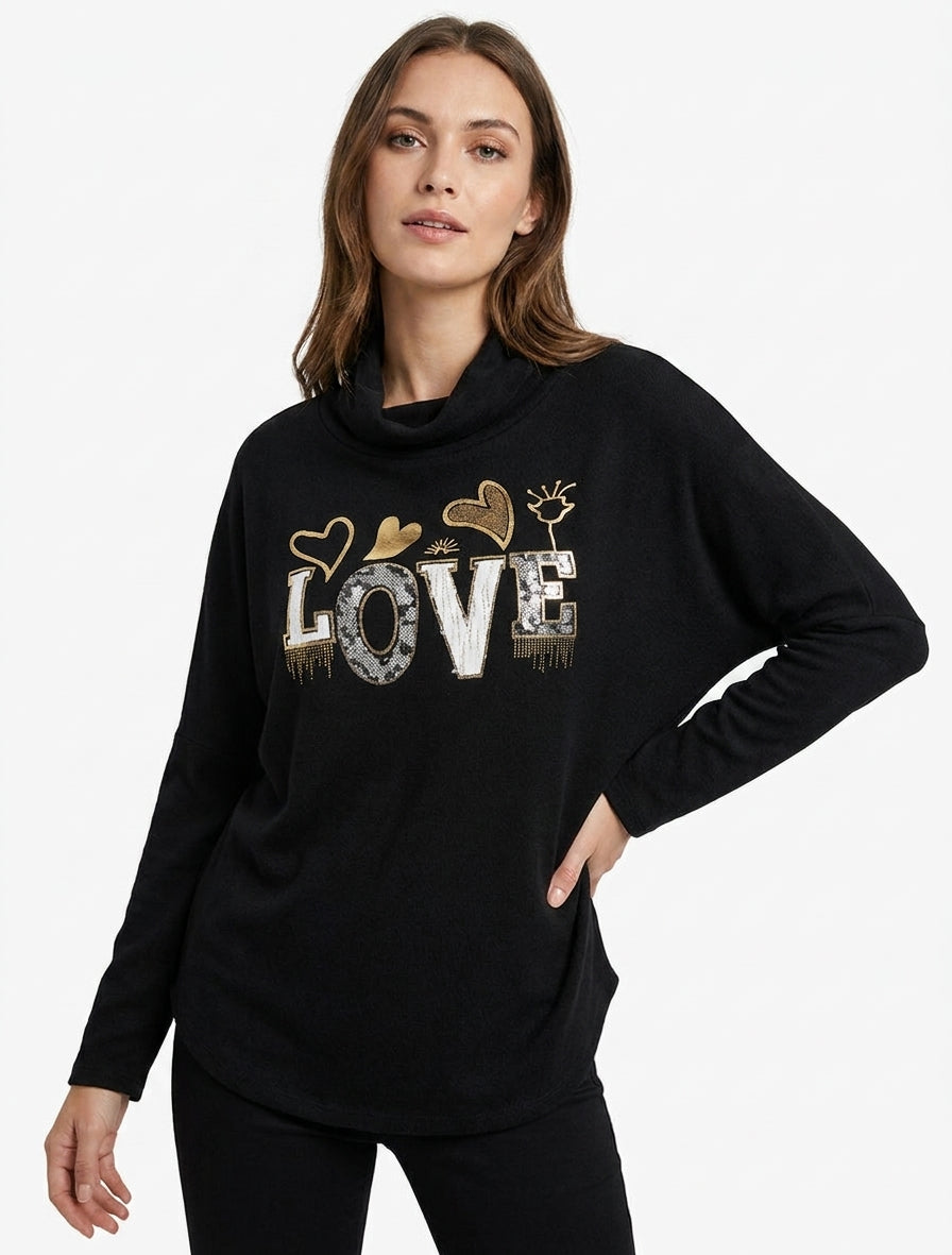 Pullover mit Wasserfallausschnitt und Aufschrift LOVE - Schwarz