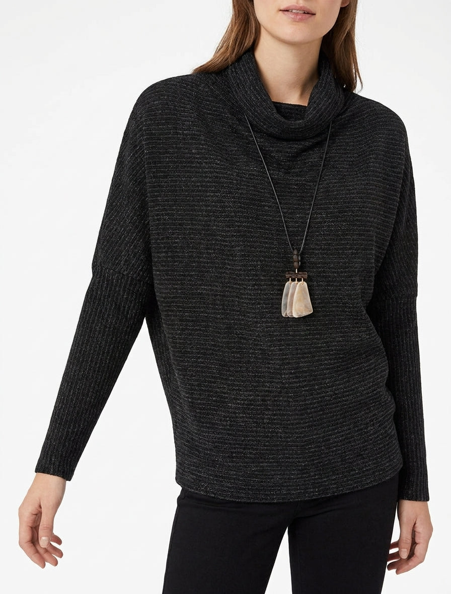 Pullover mit Wasserfallausschnitt und gestreiftem Muster. - Schwarz