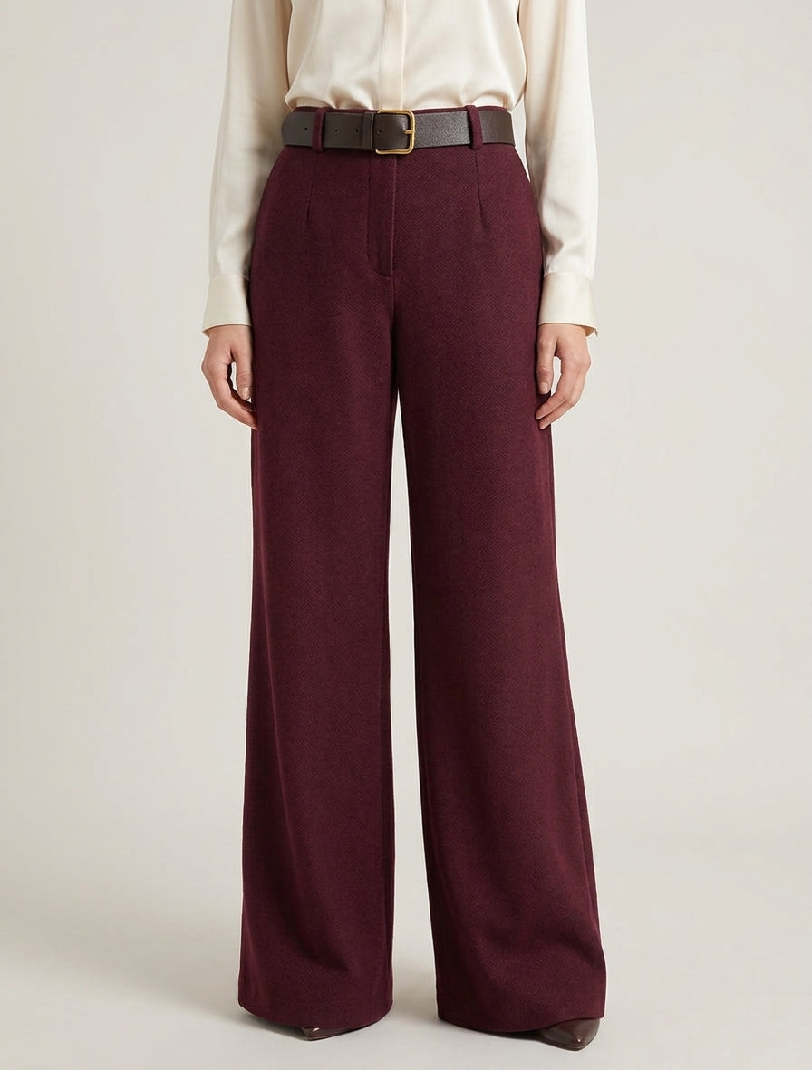 Weite Hose aus Filz mit hoher Taille - Weinrot