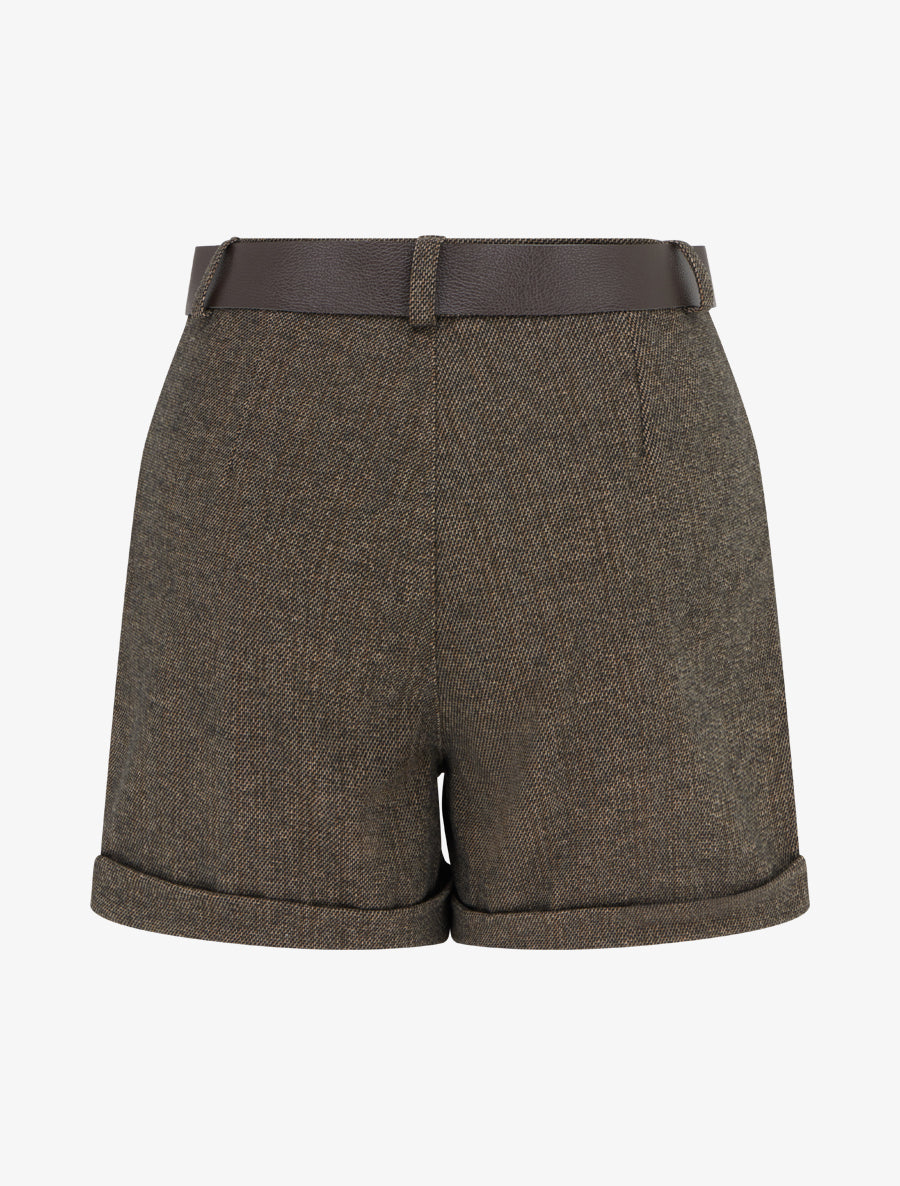 Short droit en feutrine à taille haute et ceinture - Taupe - 2