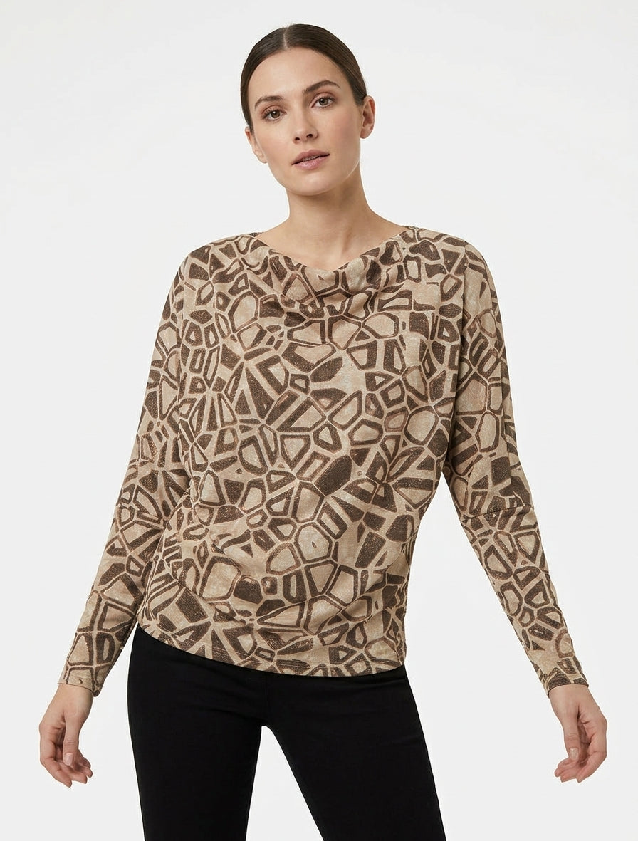 Irisierendes Top mit Wasserfallausschnitt und grafischem Print - Braun