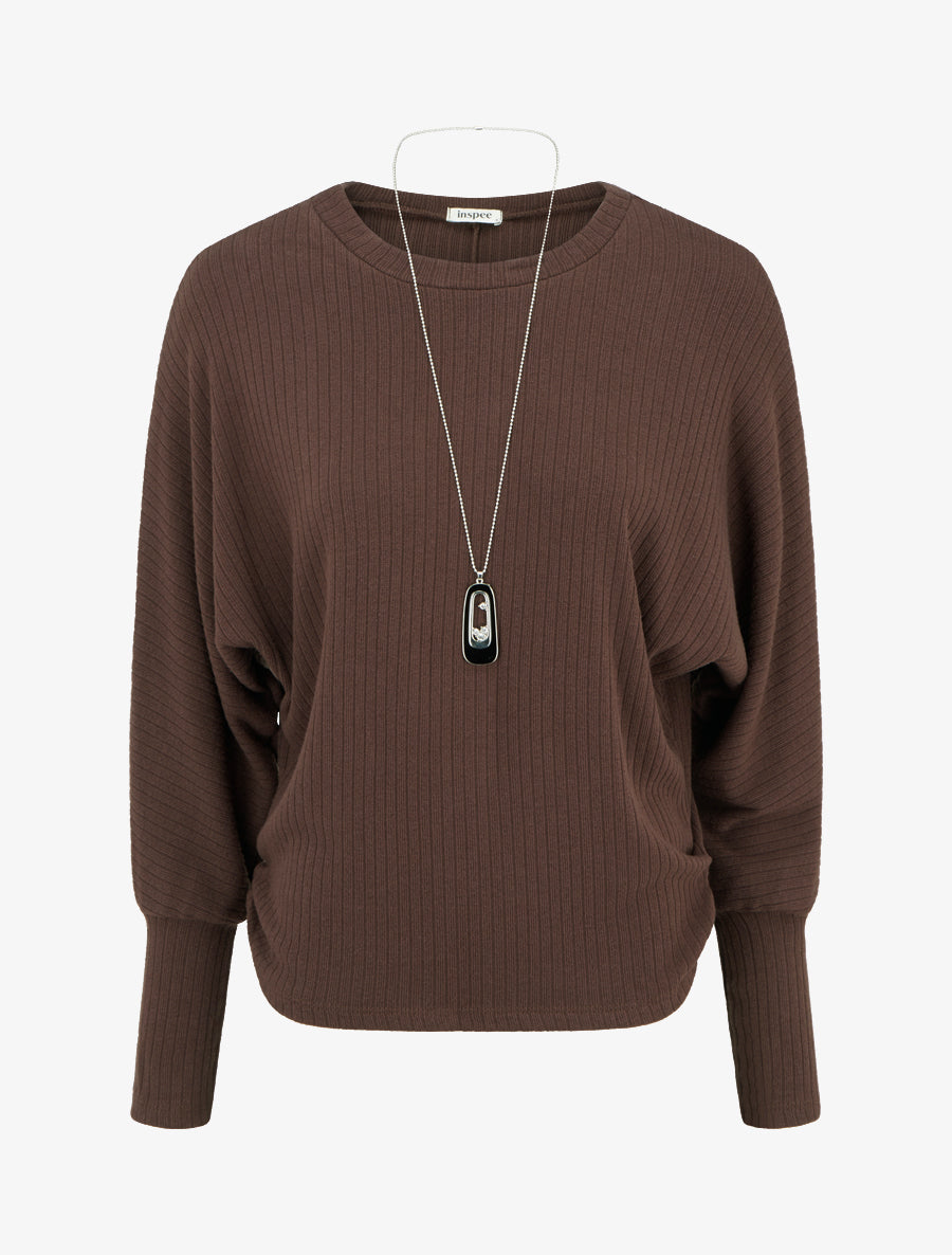 Pull côtelé à manches longues style chuave-souris - Marron - 1